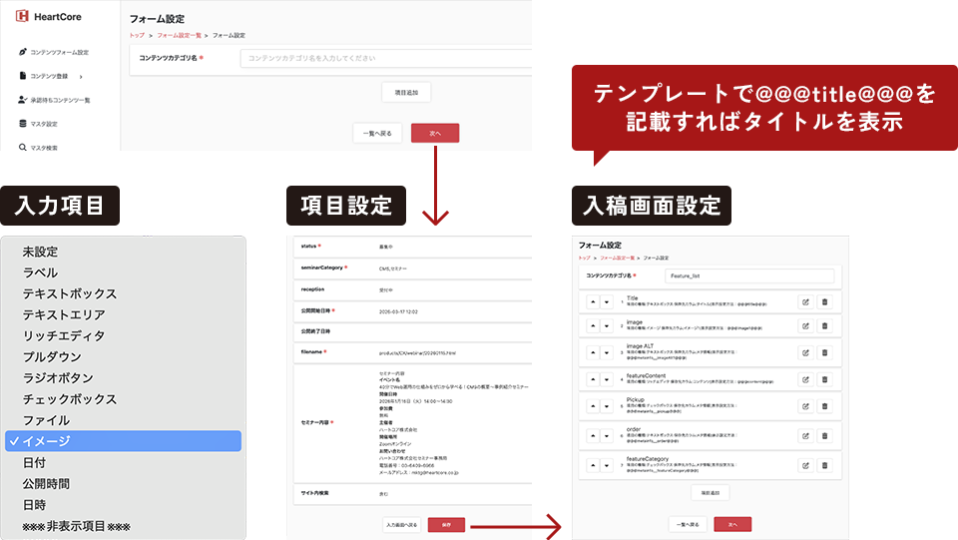 テンプレートで「登録フォーム形式」のコンテンツの入稿画面を記載すればタイトルを表示